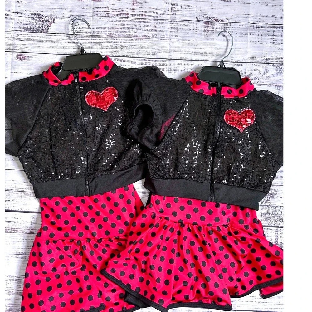 Dance Curtain Call Costume CLA CXL Red Black Polka Dot Sequin Recital H003 2 NEW